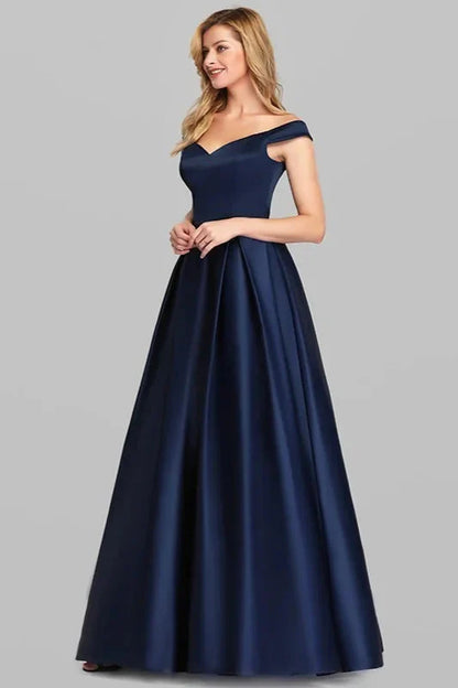 Navy Blue Satin Off-the-Shoulder Long Evening Gowns