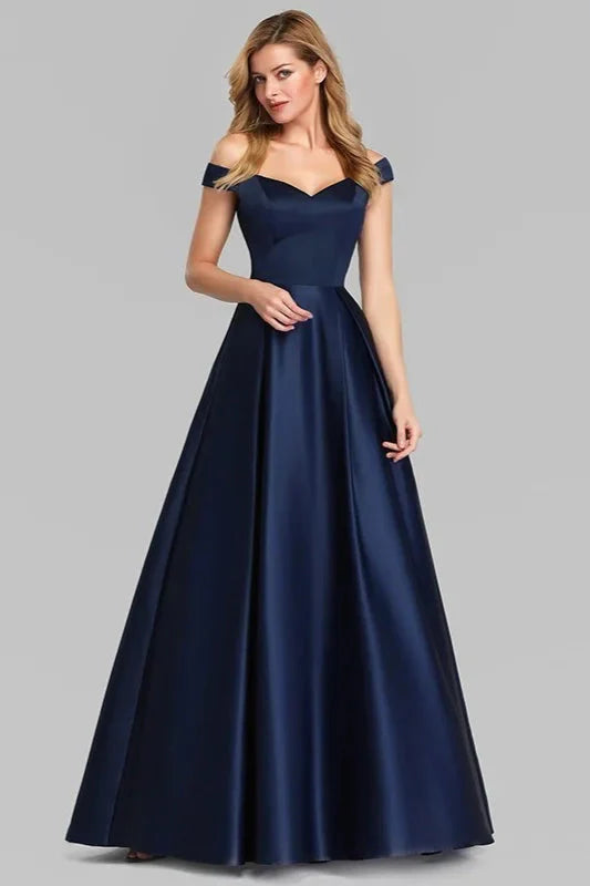 Navy Blue Satin Off-the-Shoulder Long Evening Gowns