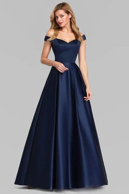 Navy Blue Satin Off-the-Shoulder Long Evening Gowns