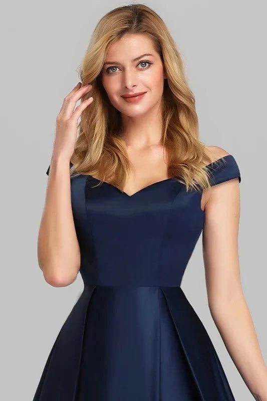 Navy Blue Satin Off-the-Shoulder Long Evening Gowns