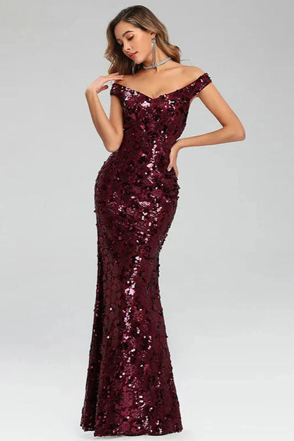 Off-the-Shoulder Burgundy Seuqins Prom Dress Long Mermaid Evening Party Gowns