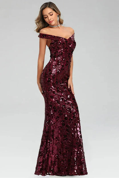 Off-the-Shoulder Burgundy Seuqins Prom Dress Long Mermaid Evening Party Gowns