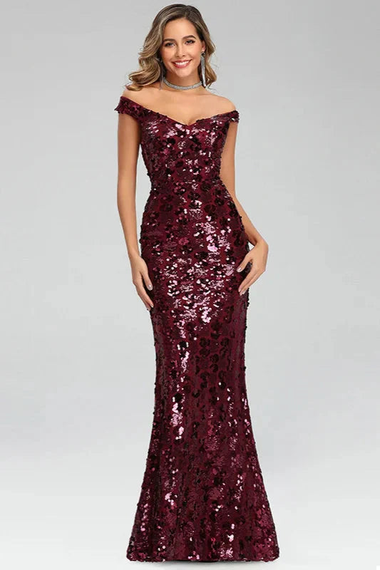 Off-the-Shoulder Burgundy Seuqins Prom Dress Long Mermaid Evening Party Gowns
