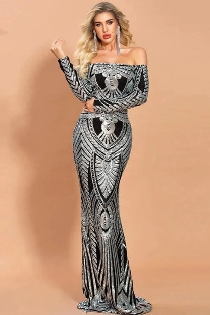Off-the-Shoulder Long Sleeve Prom Dress Mermaid Sequins Evening Gowns
