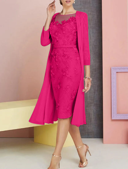 Two Piece Sheath / Column Mother of the Bride Dress Wedding Guest Church Elegant Vintage Plus Size Bateau Neck Knee Length Chiffon Lace 3/4 Length Sleeve Jacket Dresses with Appliques