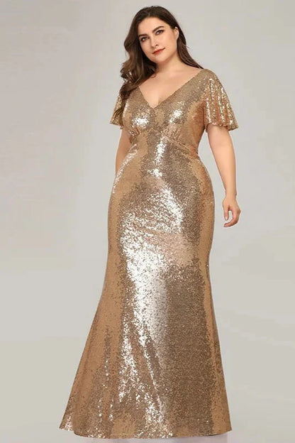 Plus Size Gold Sequins Mermaid Evening Prom Dress