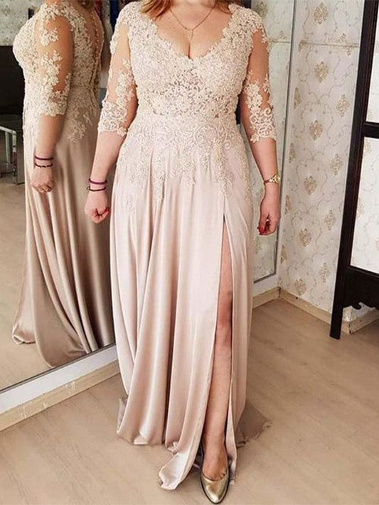 A-shaped Princess  Woven Satin Sticker V-neck 3/4 Sleeve Sweeping Brush and Floor Length Bride Mother of the Bride Dresses