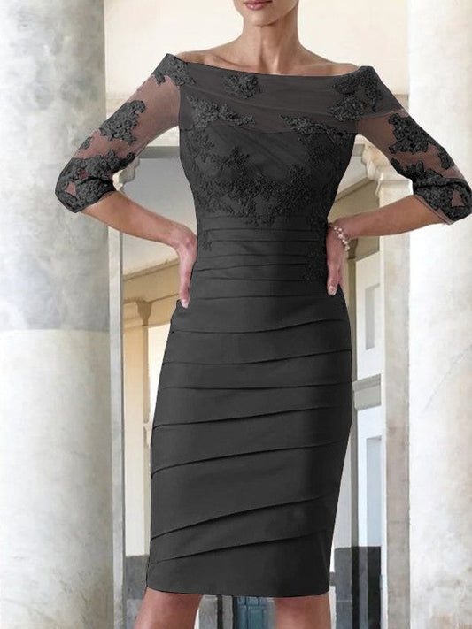 Elegant tight fitting straight tube satin decal 3/4 sleeve knee length bridal Mother of the Bride Dresses