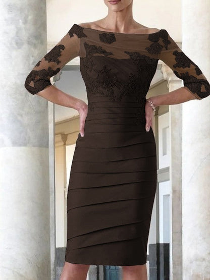 Elegant tight fitting straight tube satin decal 3/4 sleeve knee length bridal Mother of the Bride Dresses