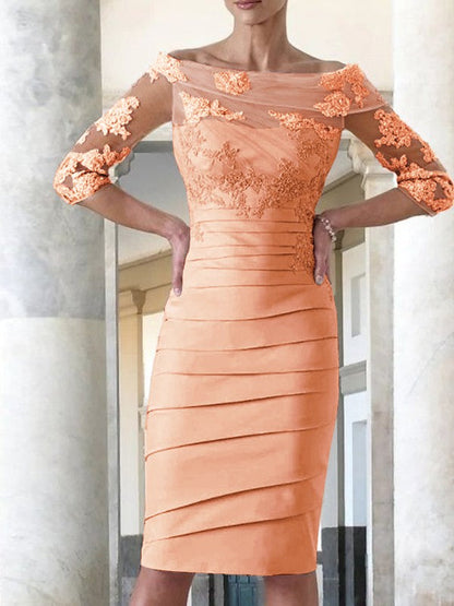 Elegant tight fitting straight tube satin decal 3/4 sleeve knee length bridal Mother of the Bride Dresses