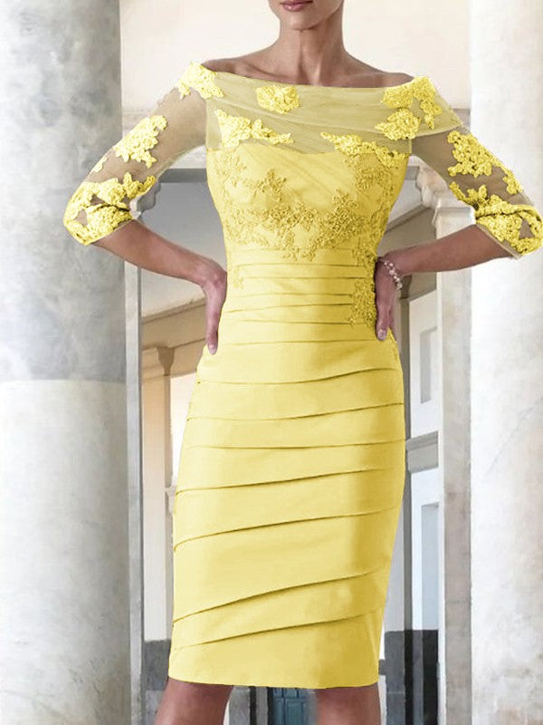 Elegant tight fitting straight tube satin decal 3/4 sleeve knee length bridal Mother of the Bride Dresses
