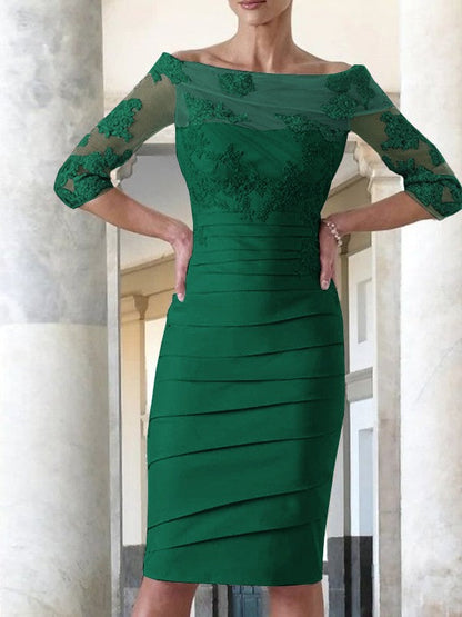 Elegant tight fitting straight tube satin decal 3/4 sleeve knee length bridal Mother of the Bride Dresses