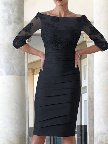 Elegant tight fitting straight tube satin decal 3/4 sleeve knee length bridal Mother of the Bride Dresses