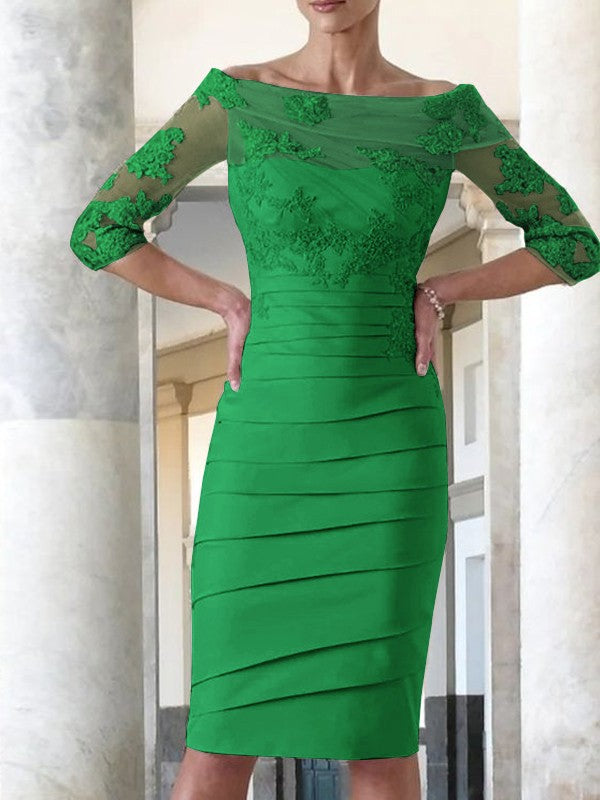 Elegant tight fitting straight tube satin decal 3/4 sleeve knee length bridal Mother of the Bride Dresses
