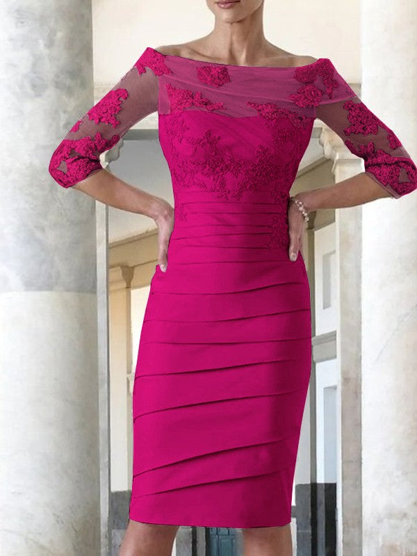 Elegant tight fitting straight tube satin decal 3/4 sleeve knee length bridal Mother of the Bride Dresses