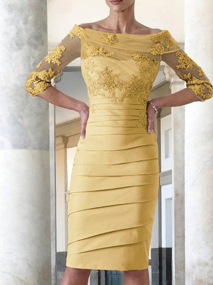 Elegant tight fitting straight tube satin decal 3/4 sleeve knee length bridal Mother of the Bride Dresses