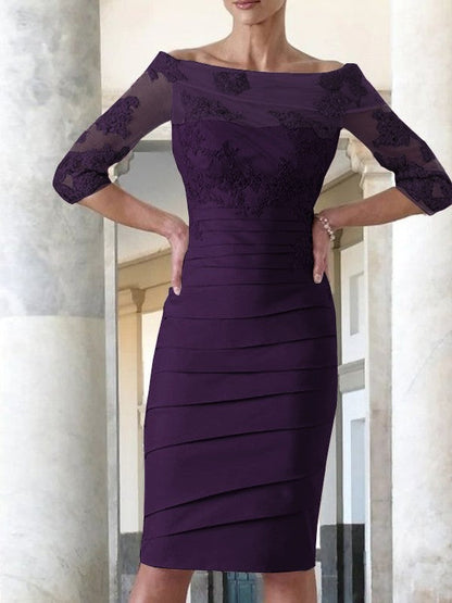 Elegant tight fitting straight tube satin decal 3/4 sleeve knee length bridal Mother of the Bride Dresses