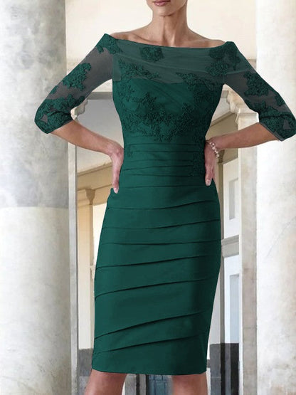Elegant tight fitting straight tube satin decal 3/4 sleeve knee length bridal Mother of the Bride Dresses