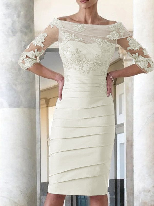 Elegant tight fitting straight tube satin decal 3/4 sleeve knee length bridal Mother of the Bride Dresses