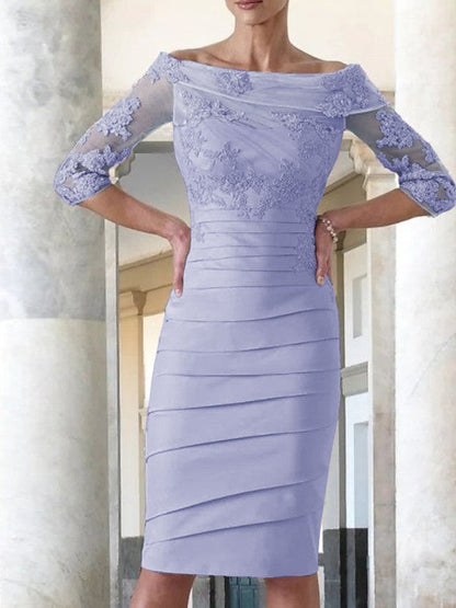 Elegant tight fitting straight tube satin decal 3/4 sleeve knee length bridal Mother of the Bride Dresses