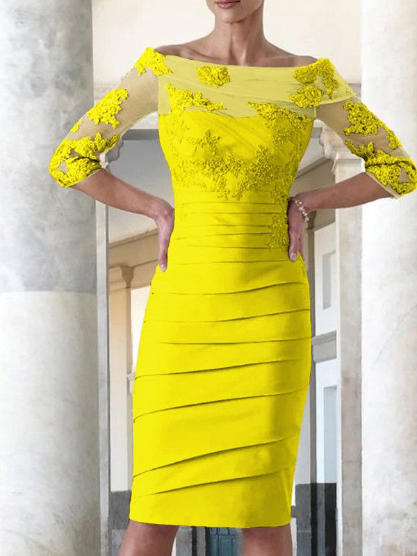 Elegant tight fitting straight tube satin decal 3/4 sleeve knee length bridal Mother of the Bride Dresses