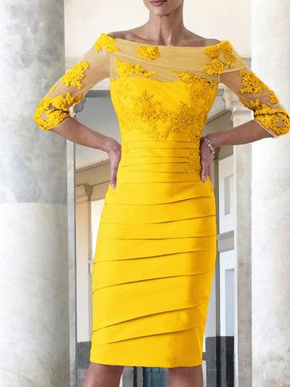 Elegant tight fitting straight tube satin decal 3/4 sleeve knee length bridal Mother of the Bride Dresses