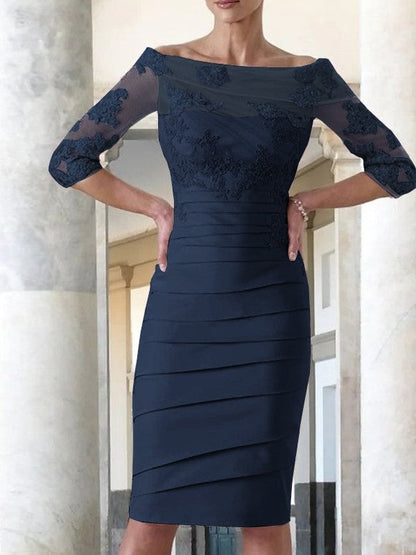 Elegant tight fitting straight tube satin decal 3/4 sleeve knee length bridal Mother of the Bride Dresses