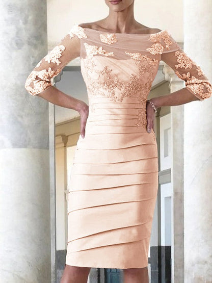 Elegant tight fitting straight tube satin decal 3/4 sleeve knee length bridal Mother of the Bride Dresses