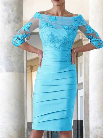 Elegant tight fitting straight tube satin decal 3/4 sleeve knee length bridal Mother of the Bride Dresses