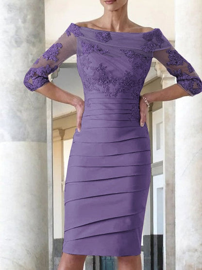 Elegant tight fitting straight tube satin decal 3/4 sleeve knee length bridal Mother of the Bride Dresses