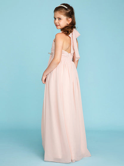 Princess A-Line Halter Neck Flower Girl Dress Floor Length Chiffon With Pleats Ruched