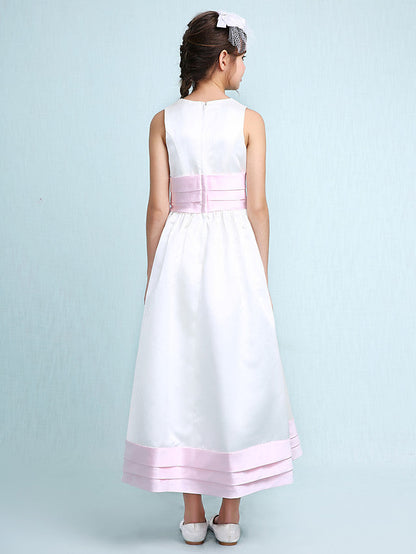 Princess A-Line Jewel Neck Satin Junior Bridesmaid Dress with Sash Ribbon Ruched Ruffles for Spring Summer Fall Winter Weddings