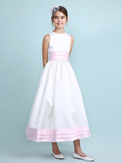 Princess A-Line Jewel Neck Satin Junior Bridesmaid Dress with Sash Ribbon Ruched Ruffles for Spring Summer Fall Winter Weddings