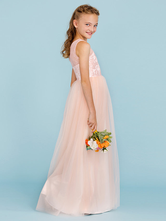 Princess A-Line Lace Tulle Junior Flower Girl Dress With Pleats for Weddings