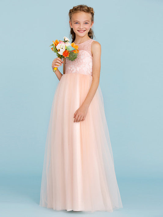 Princess A-Line Lace Tulle Junior Flower Girl Dress With Pleats for Weddings