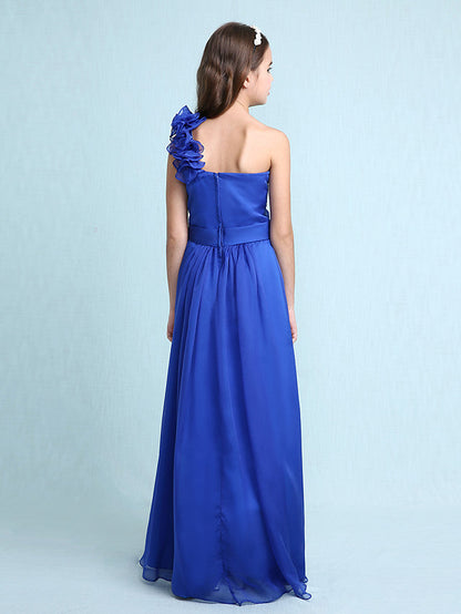 Princess A-Line One-Shoulder Chiffon Junior Bridesmaid Dress with Sash Ribbon Ruffles and Side Draping for Spring Fall Winter Wedding Party Natural