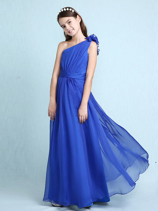 Princess A-Line One-Shoulder Chiffon Junior Bridesmaid Dress with Sash Ribbon Ruffles and Side Draping for Spring Fall Winter Wedding Party Natural