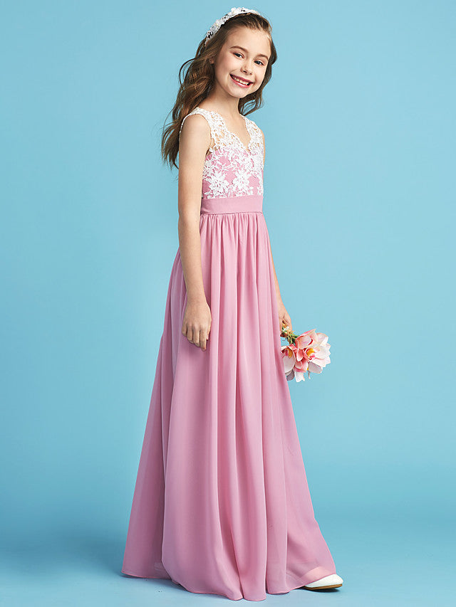Princess A-Line Queen Anne Floor Length Chiffon Lace Junior Flower Girl Dress With Lace Pleats
