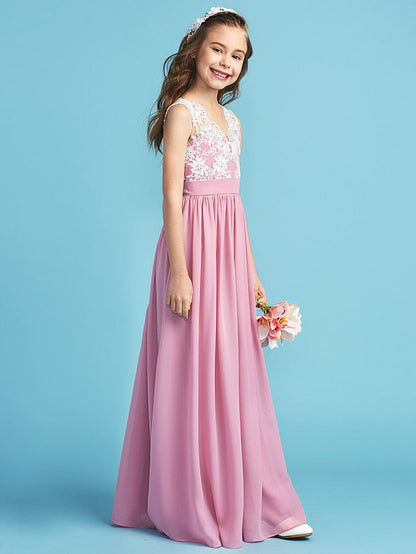 Princess A-Line Queen Anne Floor Length Chiffon Lace Junior Flower Girl Dress With Lace Pleats