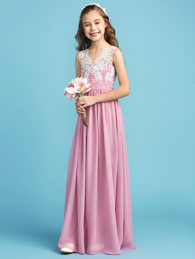 Princess A-Line Queen Anne Floor Length Chiffon Lace Junior Flower Girl Dress With Lace Pleats