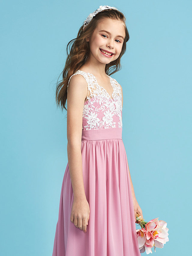 Princess A-Line Queen Anne Floor Length Chiffon Lace Junior Flower Girl Dress With Lace Pleats