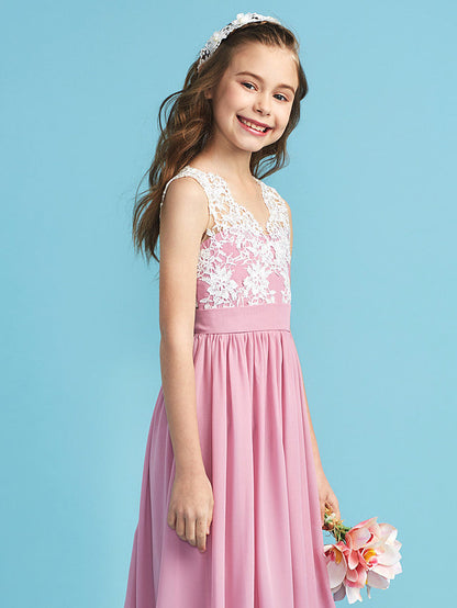 Princess A-Line Queen Anne Floor Length Chiffon Lace Junior Flower Girl Dress With Lace Pleats