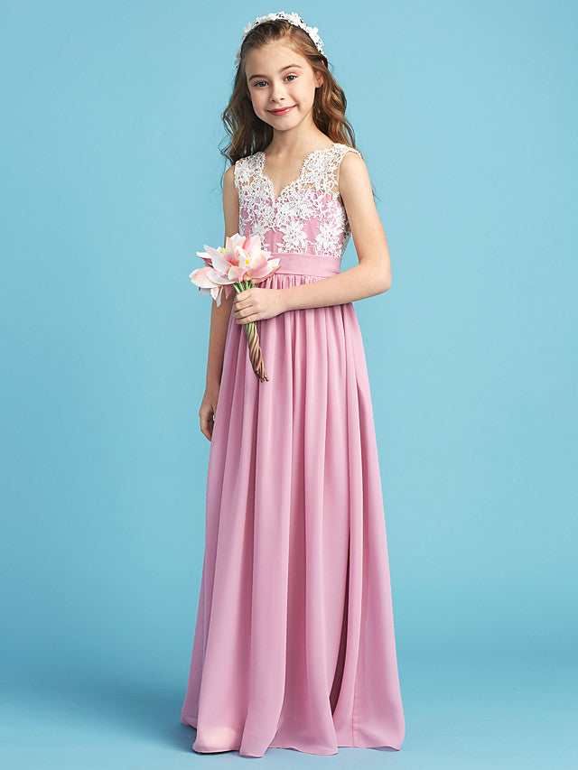 Princess A-Line Queen Anne Floor Length Chiffon Lace Junior Flower Girl Dress With Lace Pleats