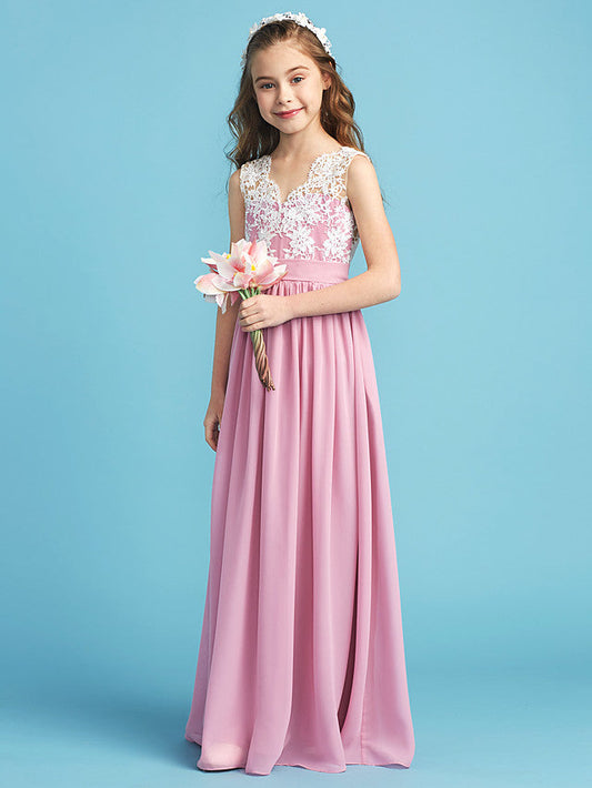 Princess A-Line Queen Anne Floor Length Chiffon Lace Junior Flower Girl Dress With Lace Pleats
