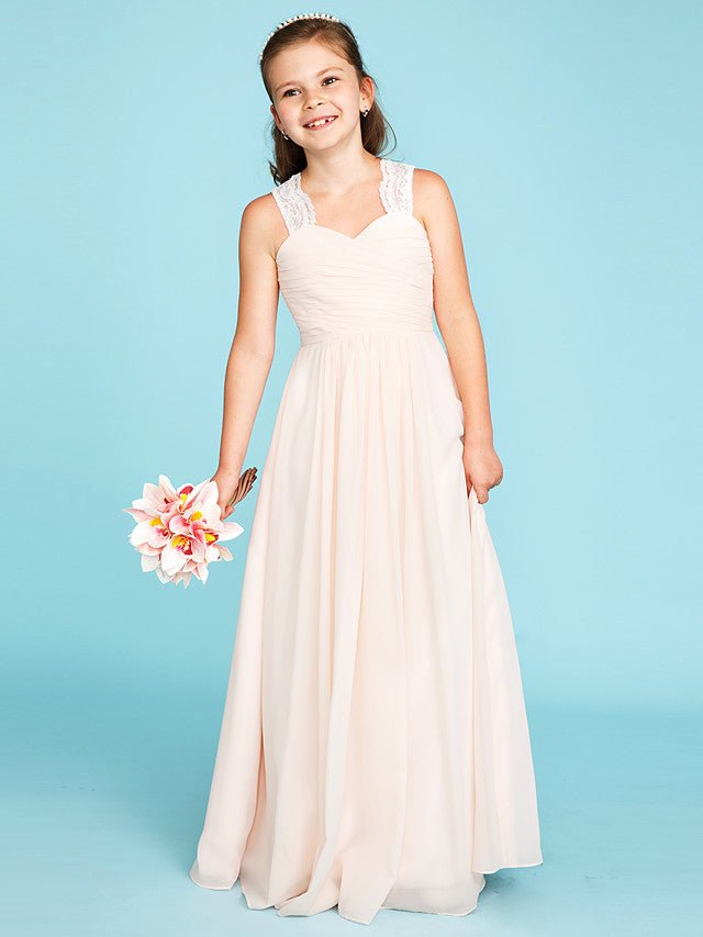 Princess A-Line Strap Floor Length Chiffon Lace Junior Bridesmaid Dress With Ruched Side-Draped for Wedding Party