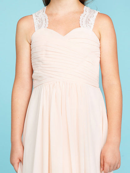 Princess A-Line Strap Floor Length Chiffon Lace Junior Bridesmaid Dress With Ruched Side-Draped for Wedding Party