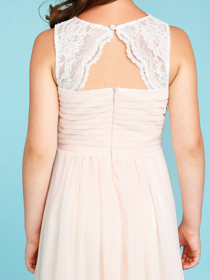 Princess A-Line Strap Floor Length Chiffon Lace Junior Bridesmaid Dress With Ruched Side-Draped for Wedding Party