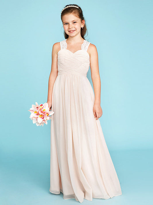 Princess A-Line Strap Floor Length Chiffon Lace Junior Bridesmaid Dress With Ruched Side-Draped for Wedding Party