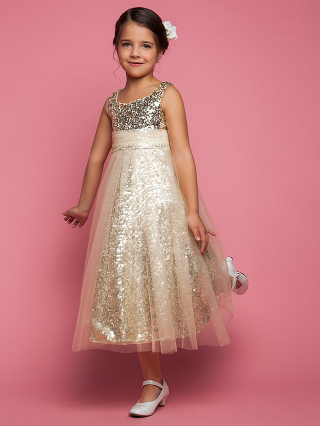 Princess A-Line Tea Length Tulle Sleeveless Jewel Neck Dress with Ruched Sequin