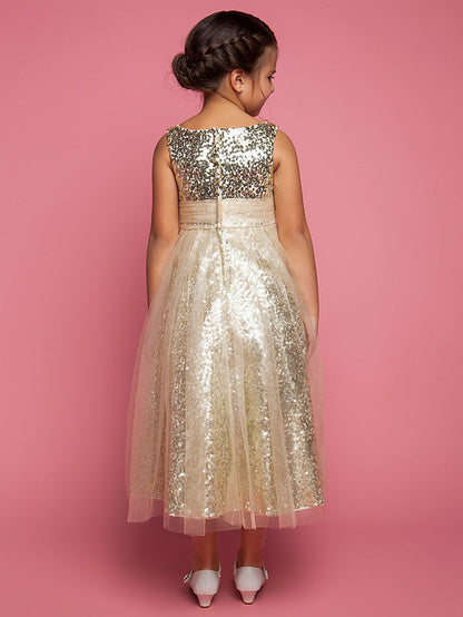Princess A-Line Tea Length Tulle Sleeveless Jewel Neck Dress with Ruched Sequin